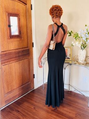Sequin Hearts Black Backless Sequin-Trim Gown